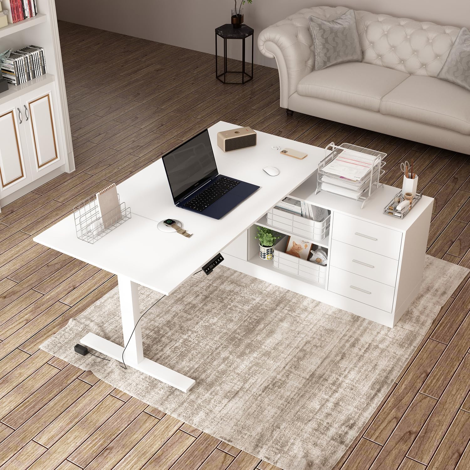 63" W L Shaped Standing Desk with Cabinet, Electric Height Adjustable & Reversible Corner Computer Desk with Drawers & Storage Shelves for Home Office, White - Thumbnail 2