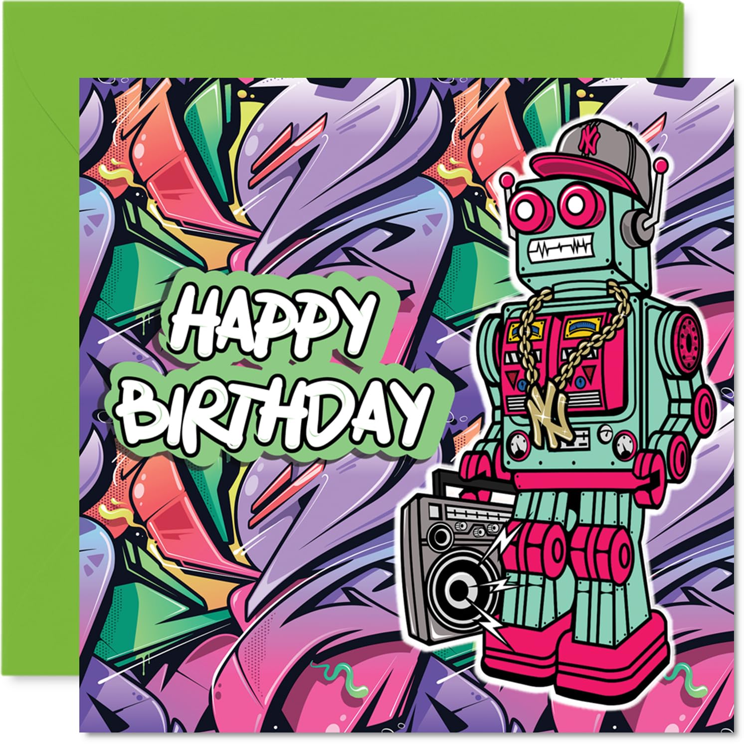Birthday Cards for Boys Men - Wicked Graffiti Robot - Happy Birthday Card for Son Uncle Brother Cousin Friend, 145mm Bday Greeting Cards