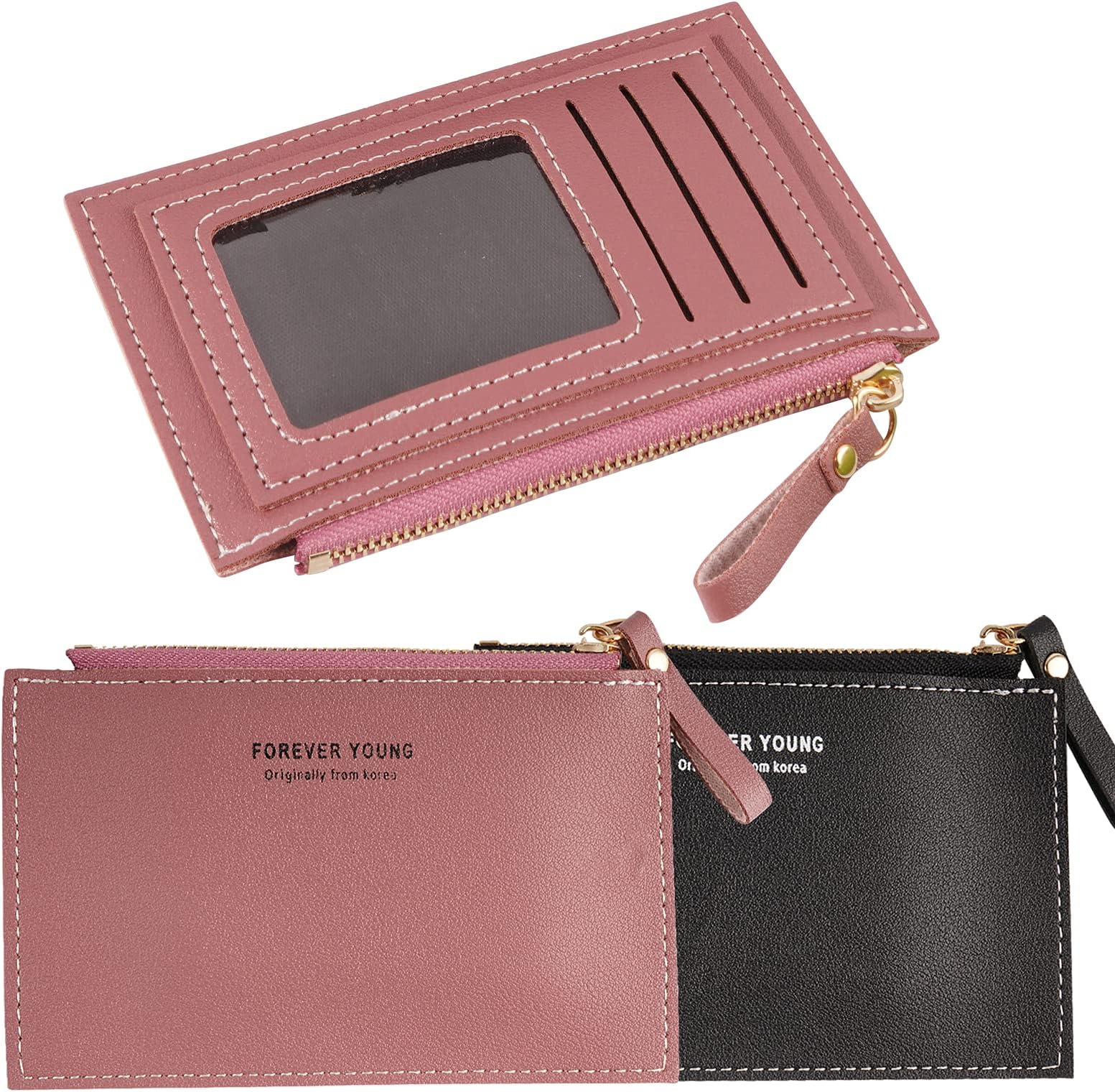 BETESSIN 2 Pc Coin Purse with Zipper for Women PU Leather Credit Card Holder Slim Wallet Minimalist Card Holder Coin Purse Thin Pocket Wallets with 3 Card Slots for Ladies Girls (Black & Red)