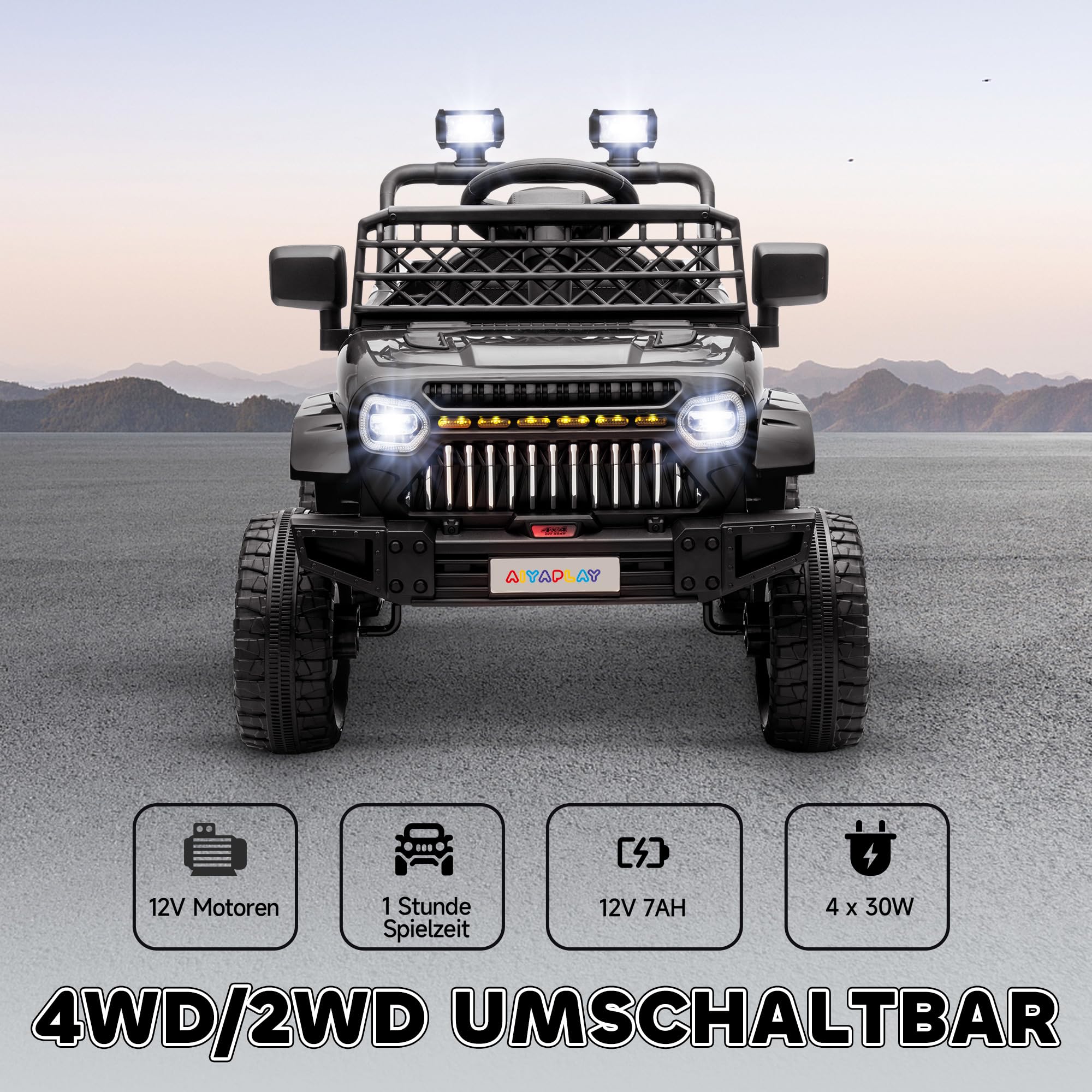 AIYAPLAY Kinder Elektroauto, 12 V Geländewagen mit 2,4G Fernbedienung， Anhänger, 4x4-Antrieb/2x2-Antrieb Kinderfahrzeug mit LED-Lichte, Sanft-Start, Musik, Hupe, 2,5-4 km/h, 3-8 Jahre, Schwarz