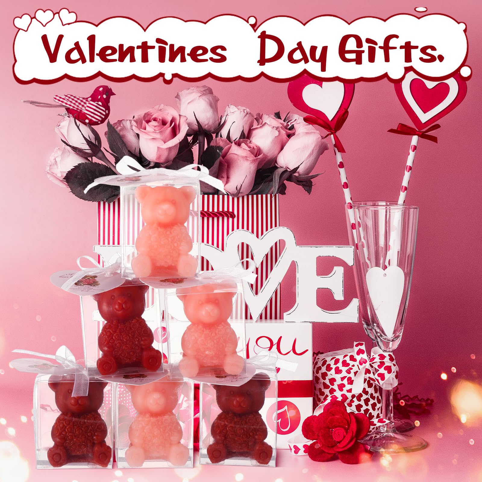 50 velas de oso para el día de San Valentín, velas de oso de rosas a granel en caja, bonitas velas de oso con tarjetas de bendición para propuesta del día de San Valentín, cumpleaños,