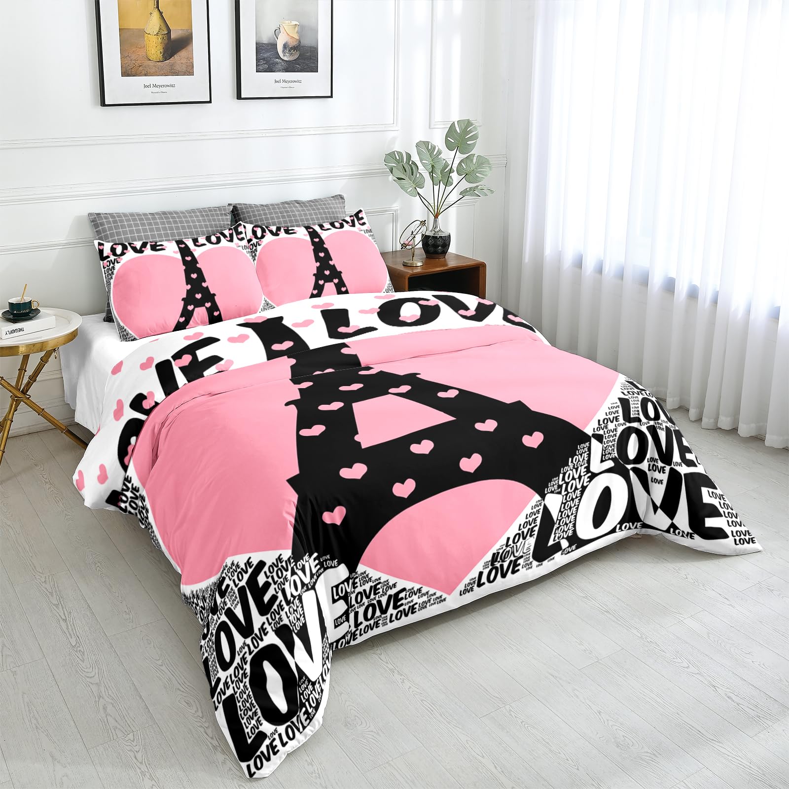 Pink Love Comforter Cover Twin Size Eiffel Tower Bedding Set French Romantic Duvet Cover Girls Pink Paris Quilt Cover with 2 Pillowcases for Kids Girls Boys Teens Eiffel Tower Bedding Set