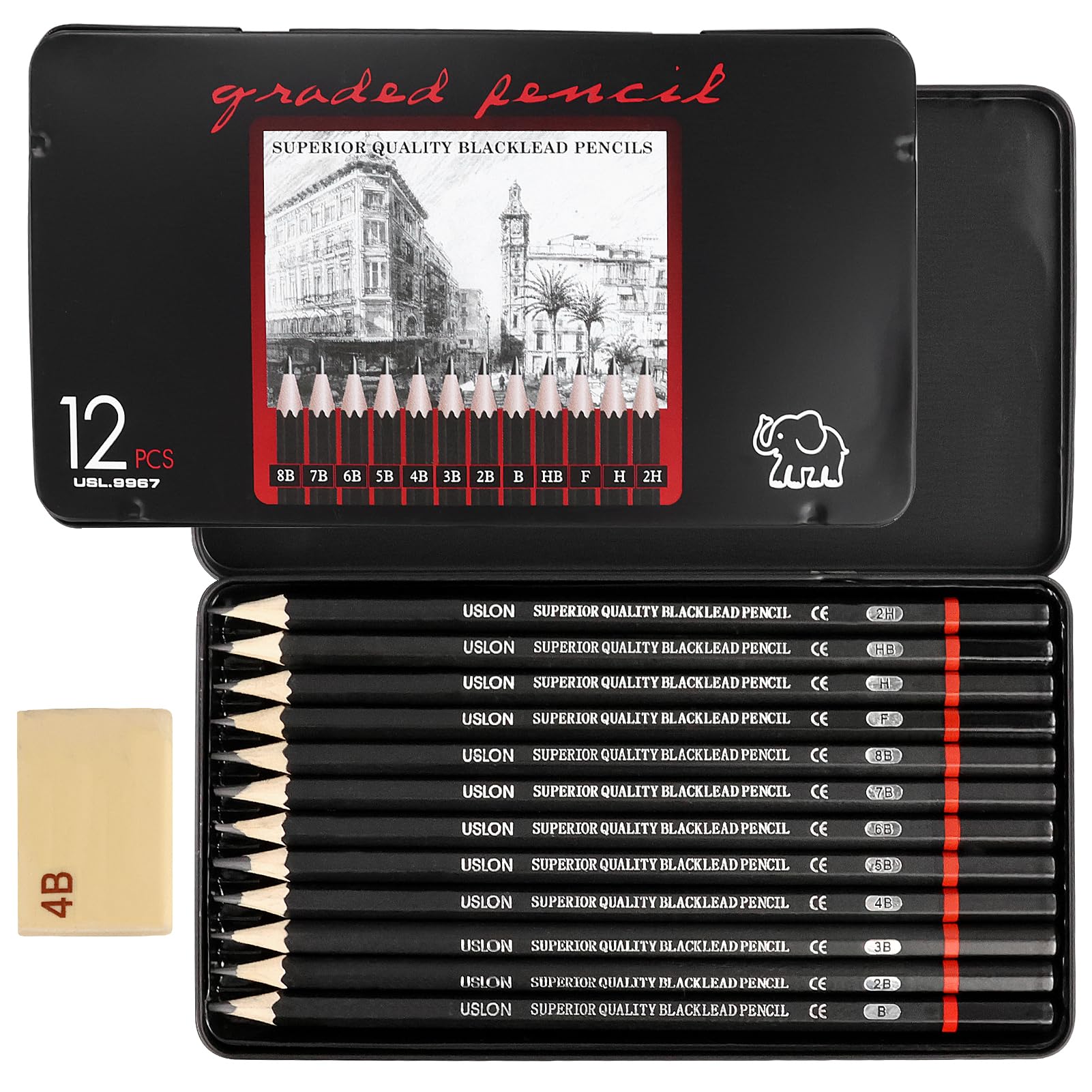 LWMLWM Juego de 12 lápices de escritura, 8B, 7B, 6B, 5B, 4B, 3B, 2B, B, HB, F, H 2H