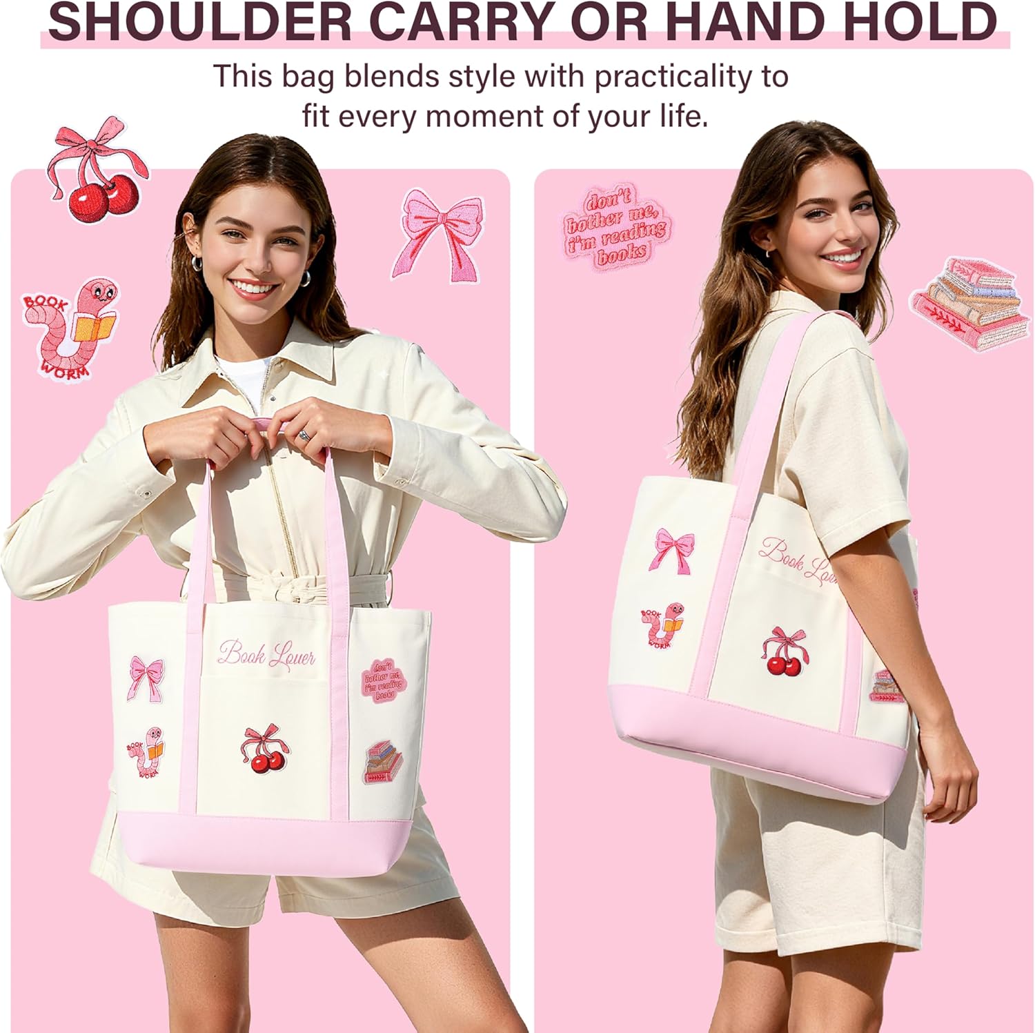 Canvas Tote Bag for Women, Book Lover Tote Bag with 5 Embroidery Patches Reusable Grocery Shopping Handbag for Bookish - Image 6