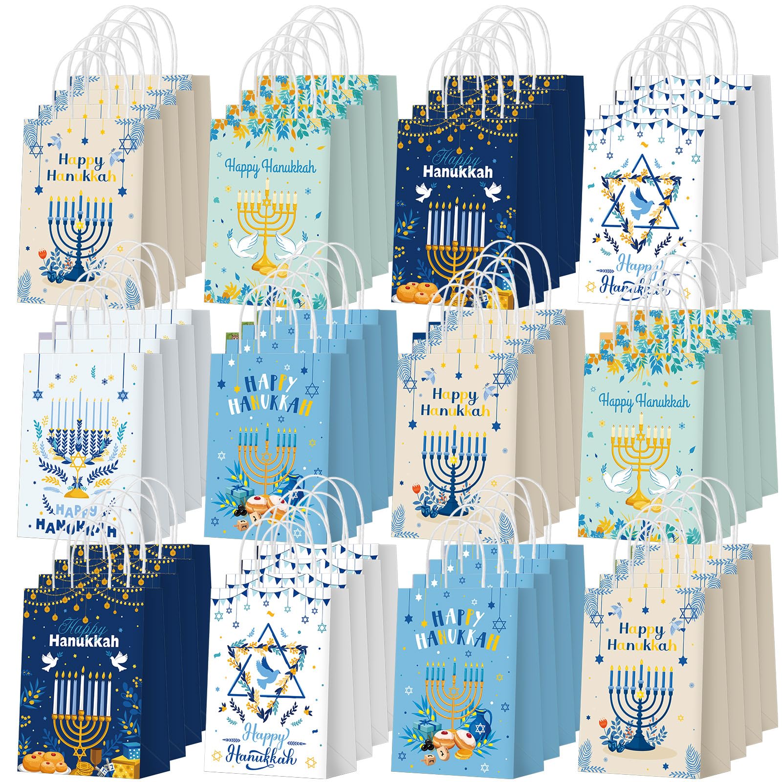 Zhanmai 48 Pcs Happy Hanukkah Party Favor Gifts Goodies Bags with Handles Blue Candlestick Paper Chanukah Candy Treat Bags for Birthday Hanukkah Party Supplies Festival Gifts Wrapping Decoration