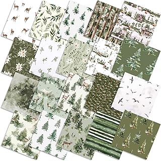HunnmingRe 20 Pcs 10''x10'' Watercolor Forest Quilting Fabric Square Vintage Green Quiltted Fabric Bundle Christmas Tree Reindeer Precuts Printed Patchwork Supplies for Holiday DIY Sewing Craft