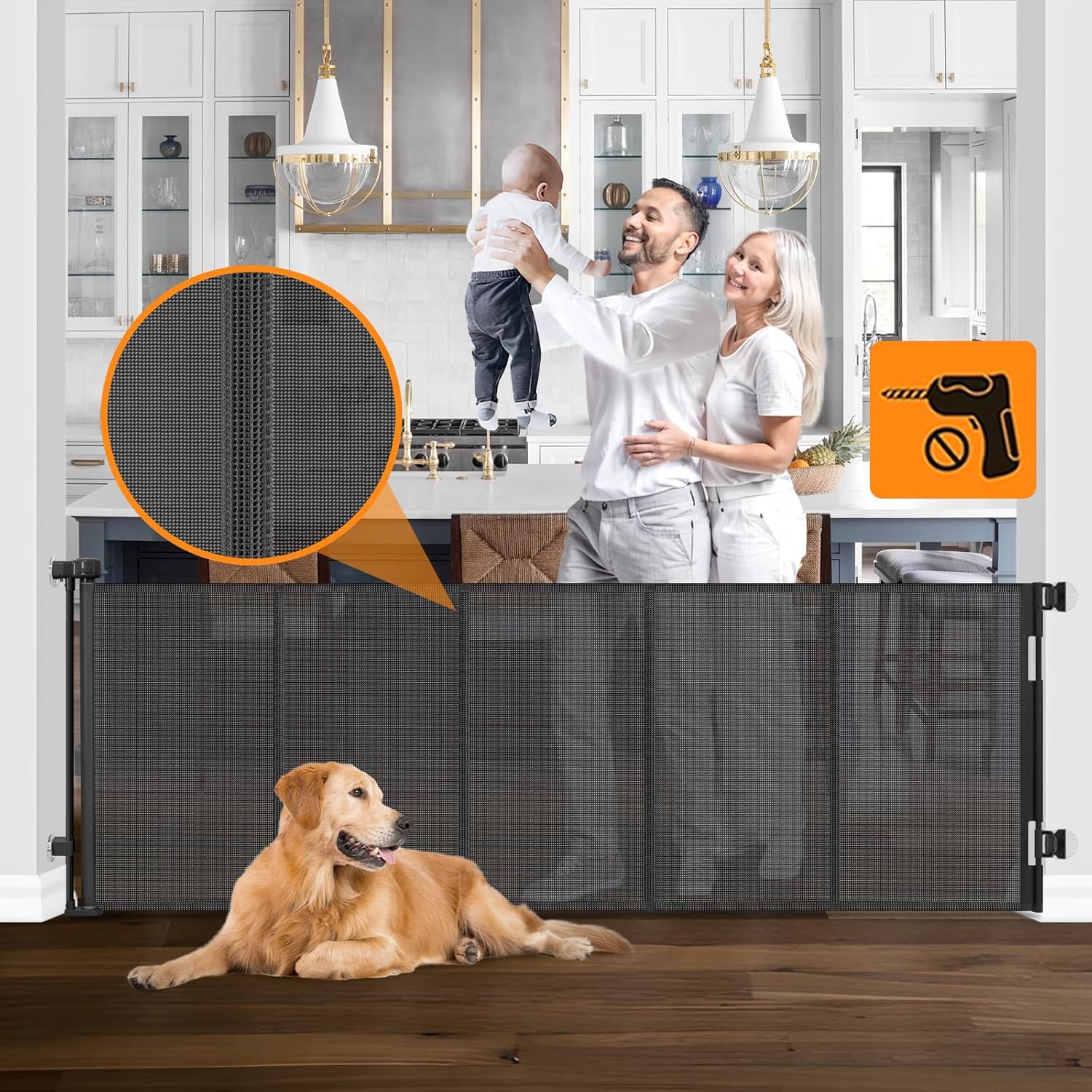 Reinforced No Drilling 100" Wide Retractable Baby Gates Extra Wide Dog Gate with Support Bars Mesh Baby Gate No Drill Retractable Pet Gates for Doorways No Drilling Retractable Dog Gates for The House Black No Drill 100" Wide - With Support Rod