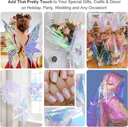 Miniatura 7 de SYOGUA Rollo de celofán iridiscente de 66 pies (17 pulgadas de ancho x 66 pies de largo) rollo de celofán iridiscente transparente, plástico de