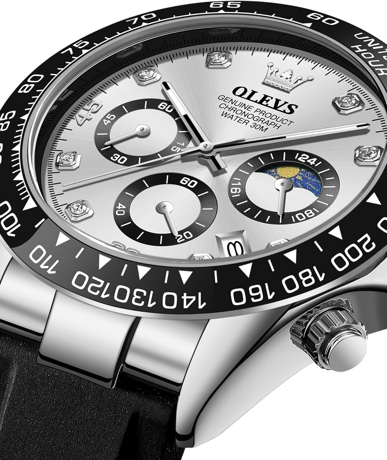 OLEVS Men Analog Quartz Waterproof Watches Multifunction Chronograph Diamond Moon Phase Luminous Silicone Band Wrist Watches - Image 2