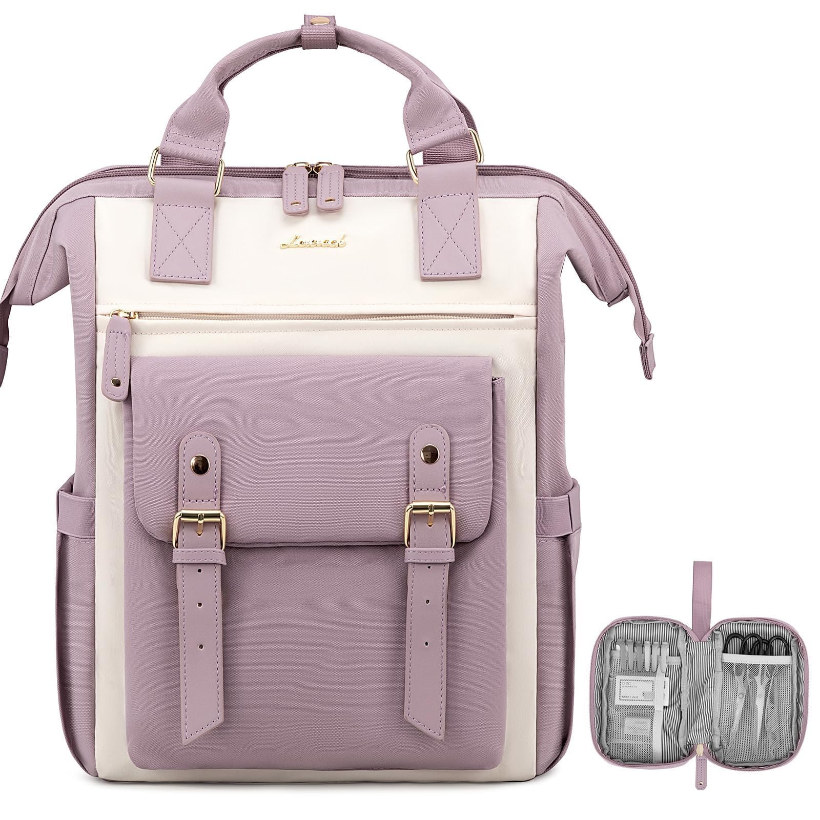 LOVEVOOK Laptop Backpack for Women, Teacher Nurse Bag Work Travel Computer Backpacks Purse,Water Resistant Daypack,Purple Beige 15.6in