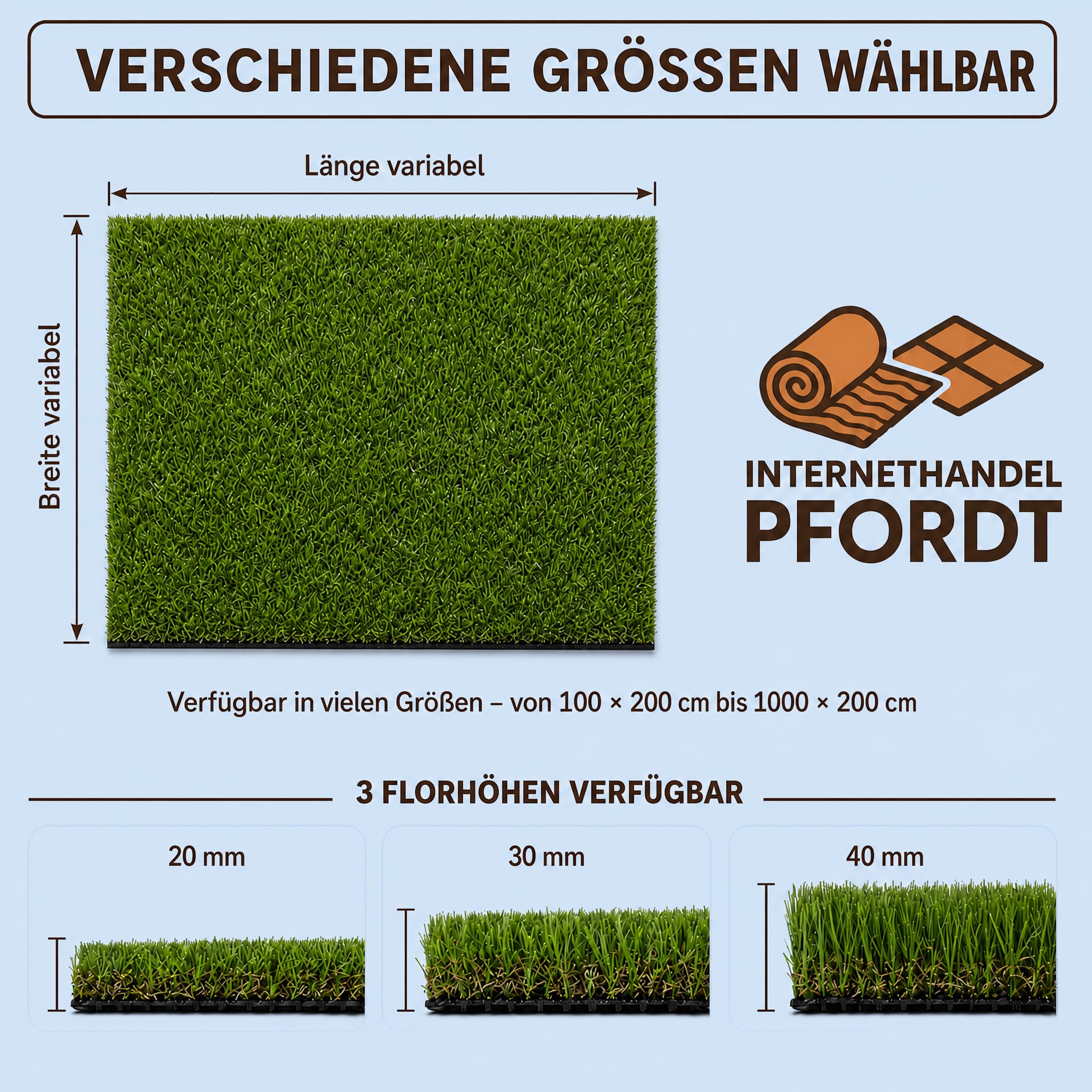 Hochflor Kunstrasen 20 mm, 200x200 cm, dekorativer Rasenteppich für Balkon, Terrasse und Garten, wetterfest und pflegeleicht
