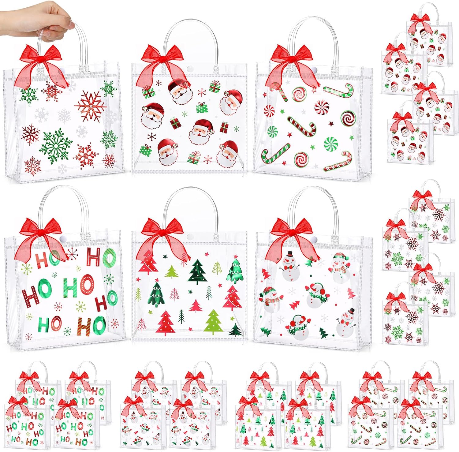 Hosuly 24 Pcs Christmas Clear Gift Bags with Handle Ribbon Clear PVC Xmas Party Favor Bags Plastic Christmas Candy Treat Goodie Bags for Holiday Winter Wedding Birthday Party Supplies - Image 8