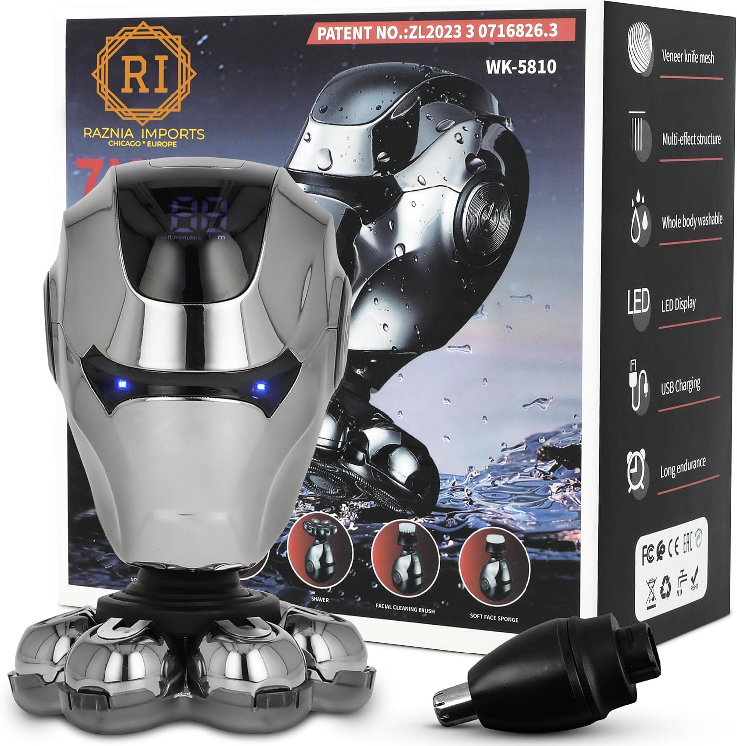 RAZNIA IMPORTS-Rechargeable Head Shavers for Bald Men – Chrome, 7 Floating Heads - Bald Head Shavers for Men, LED Display, Long-Lasting Battery, Attachments & Cleaning Brush