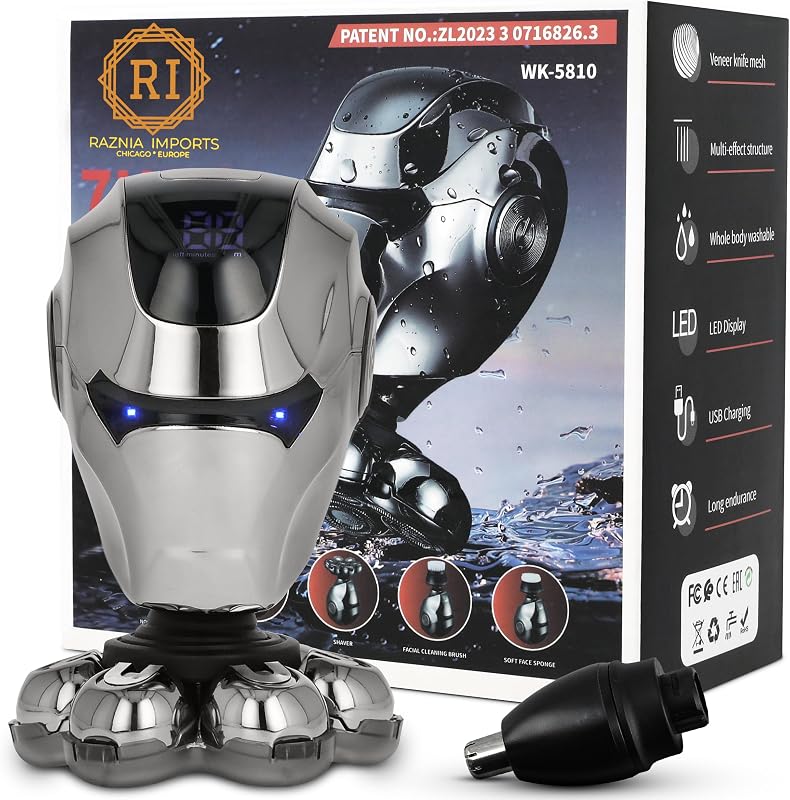 Barbeador elétrico recarregável para cabeça Raznia Imports, cromado, 7 cabeças rotativas flutuantes, display LED e acessórios