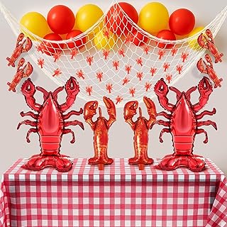 Juexica 60 Pcs Crawfish Party Supplies Inflatable Crawfish Boil Party Decorations Includes Mini Fake Lobsters Tablecloth Fish Net Latex Balloons for Lobster Seafood Boil Decor Supplies