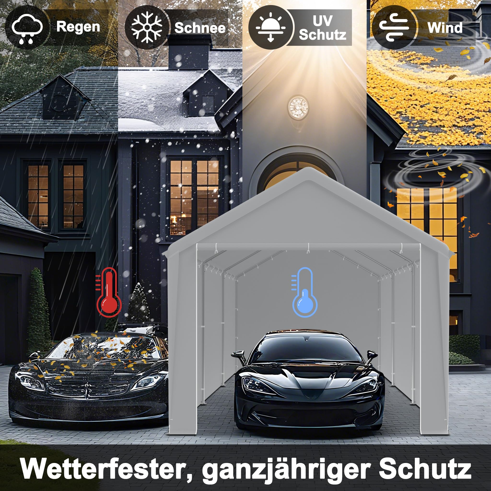 FIVMEN Carport Zeltgarage 3x6 m Große Garagenzelt Lagerzelt mit Abnehmbar Seitenwände Winterfest Mobile Garage Unterstand Weidezelt für Auto SUV LKW, Grau