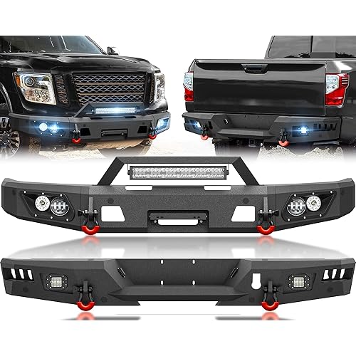 for Titan Front & Rear Bumpers Compatible with 2016-2024 Nissan Titan (Excluding TITAN XD) with LED Lights, Winch Plate, License Plate Frame, Sensor Holes, License Plate Lights & D-rings