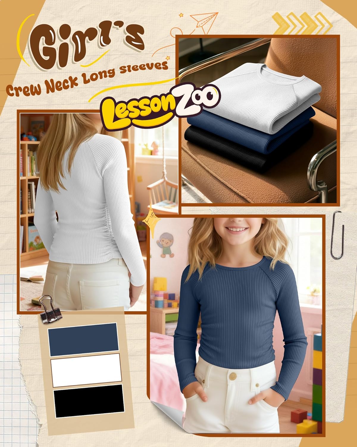 3 Pack Girls Long Sleeve Shirts Ribbed Knit Draw Pleats Tops Slim Fit Crew Neck Cotton Undershirts Cute Sizes 5-14 - Image 3