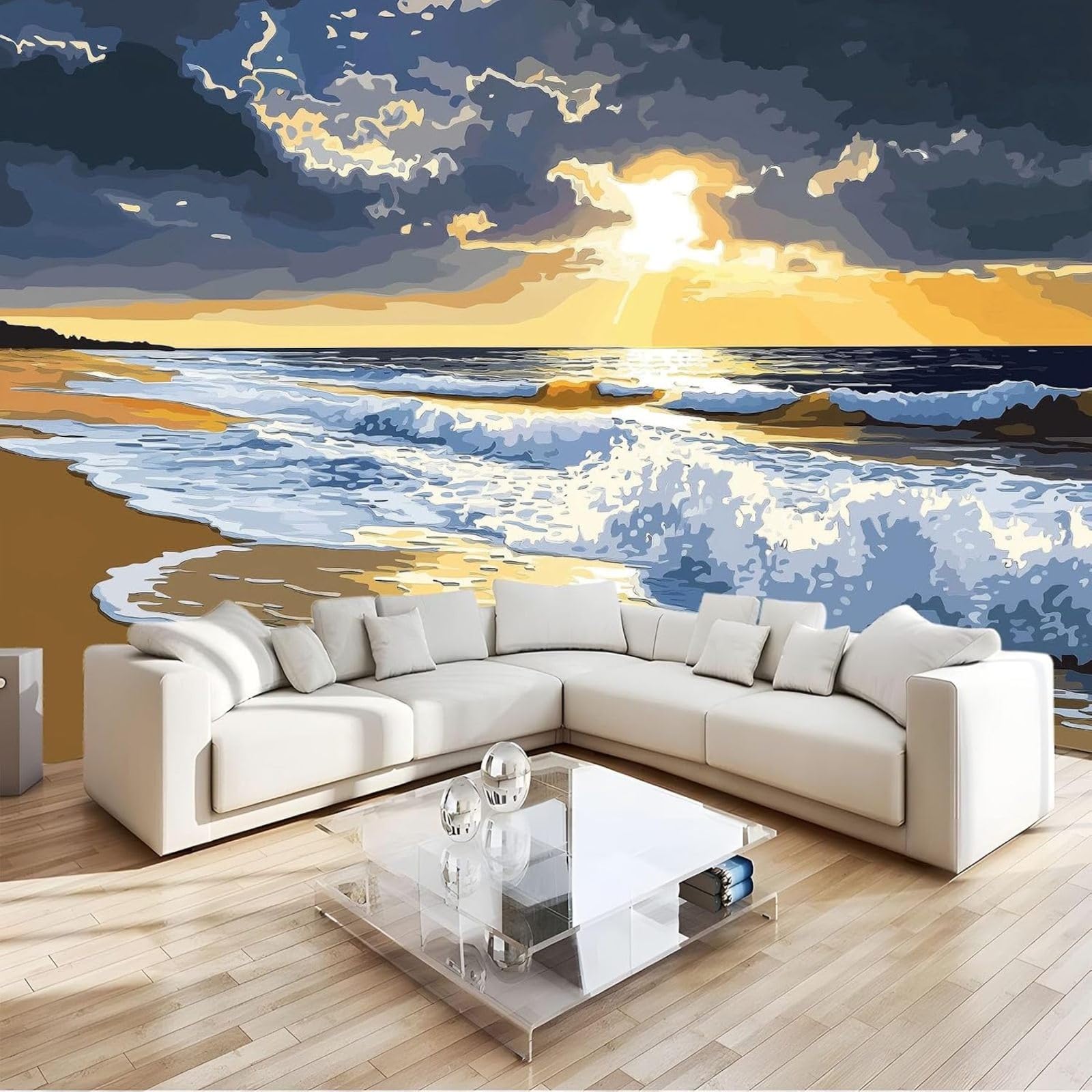 Hgjdjhnf 3D Background Photo Wallpaper Beach With Waves Non-Woven Wallpaper Modern Wall Wallpaper For Living Room Bedroom Blue 300Cm X 210Cm