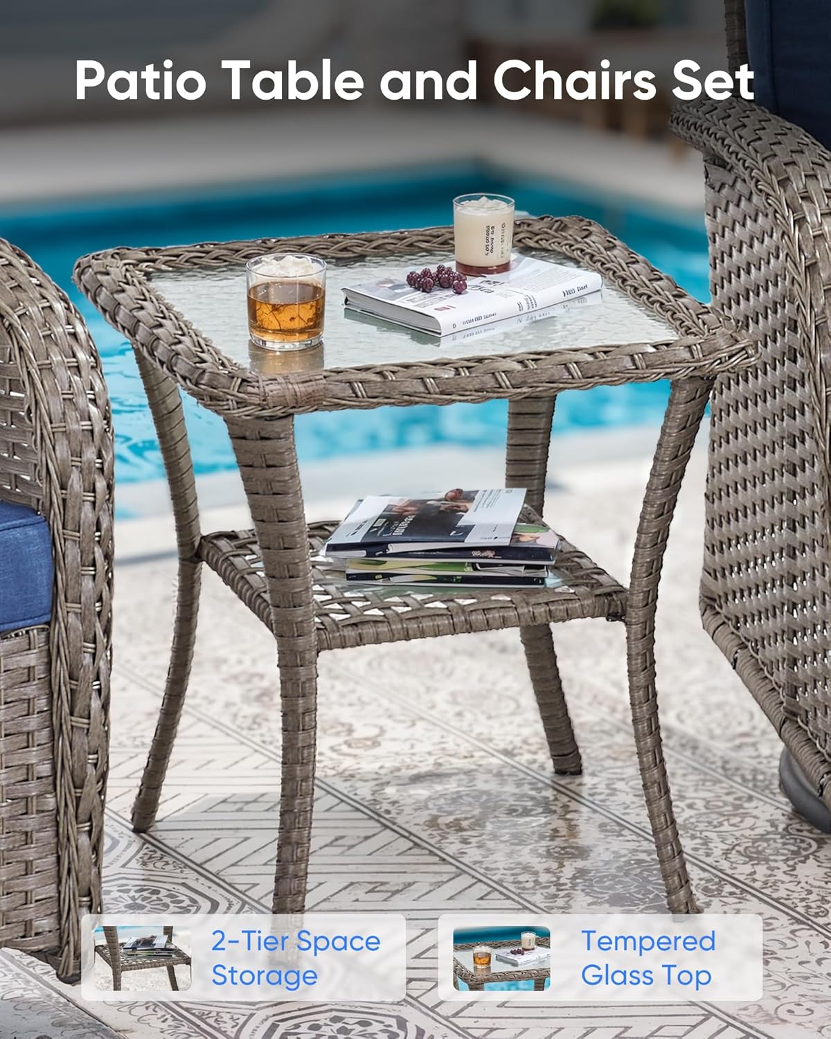 Outdoor Rocking Chairs Set of 2-Patio Table and Chairs Set Outdoor Conversation Furniture Sets for Deck Porch Garden Balcony Poolside-Grey/Blue