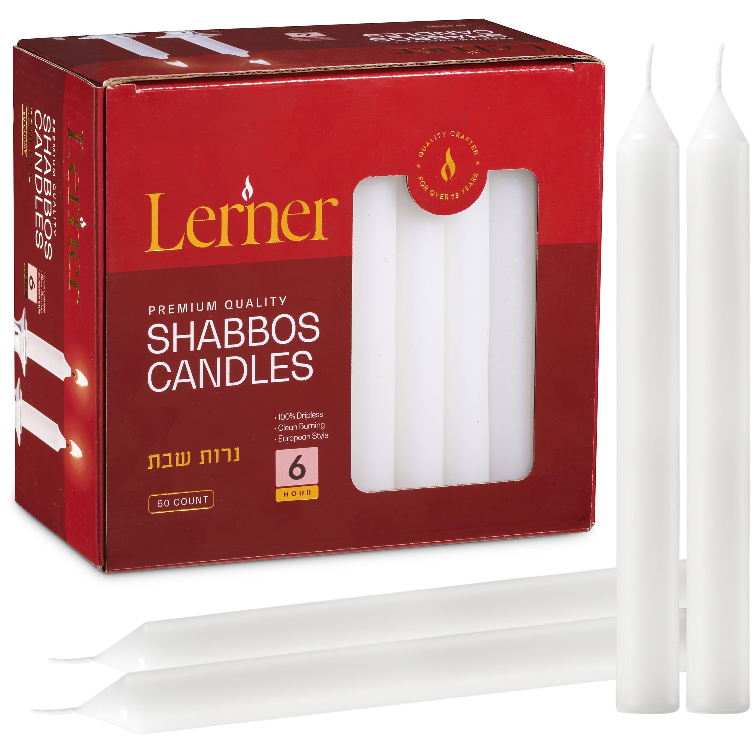 lerner white household candlesticks, pack of 50 | 6-hour burning time | 7 inch tall dinner candles | 100% dripless | shabbat candles | candlesticks for holidays, churches, décor, emergencies