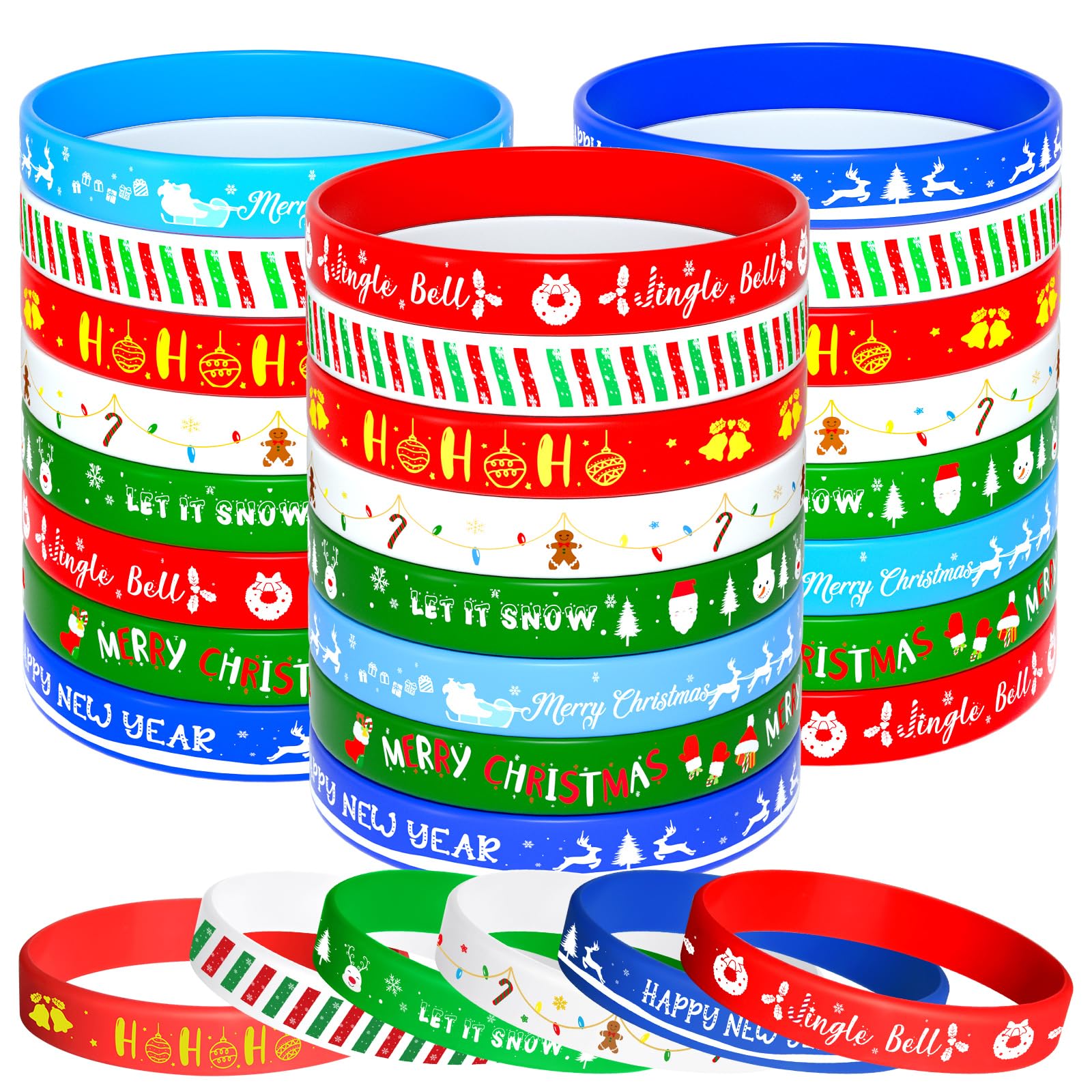 NEBURORA 48pcs Christmas Wristband Silicone Bracelets for Kids 8 Style Xmas Pattern Rubber Wristband Wrist Band Bulk for Merry Christmas Classroom Gifts Theme Party Decor Supplies Favor
