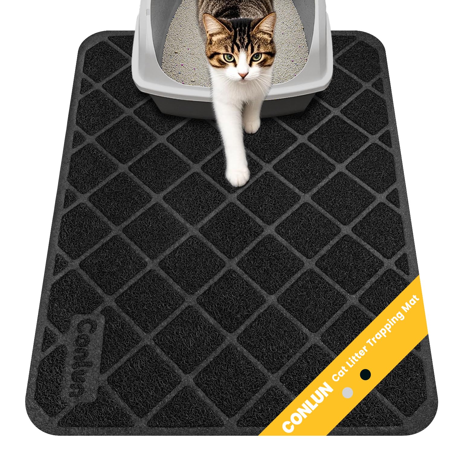 Conlun Black Cat Litter Mat Litter Trapping Mat, 61 X 43 Cm Cat Litter Tray Mat, Premium Pvc Grid Mesh Scatter Control Design Litter Box Mat, Waterproof Urine Resistant Material, Easy To Clean,