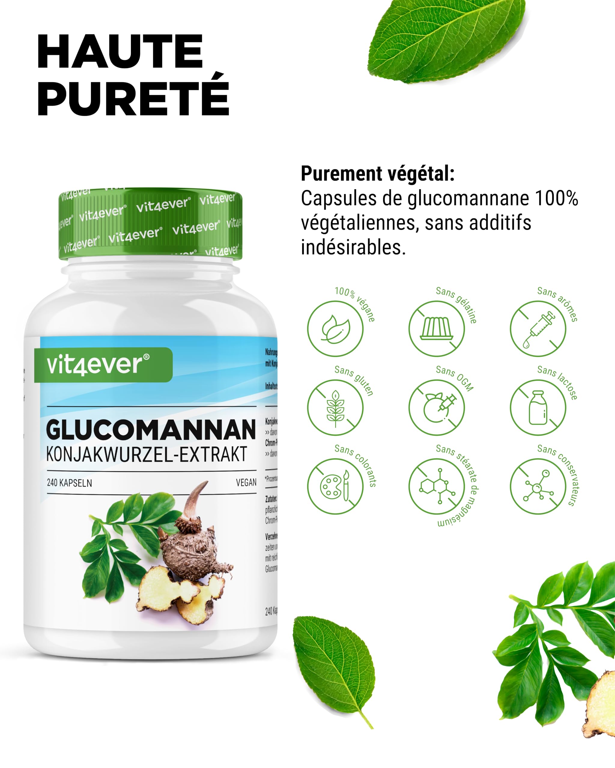 Glucomannane de la Racine de Konjac - 240 Gélules - Fortement Dosé avec 4200 mg par Portion Journalière - Optimisé avec du Chrome - Végétalien