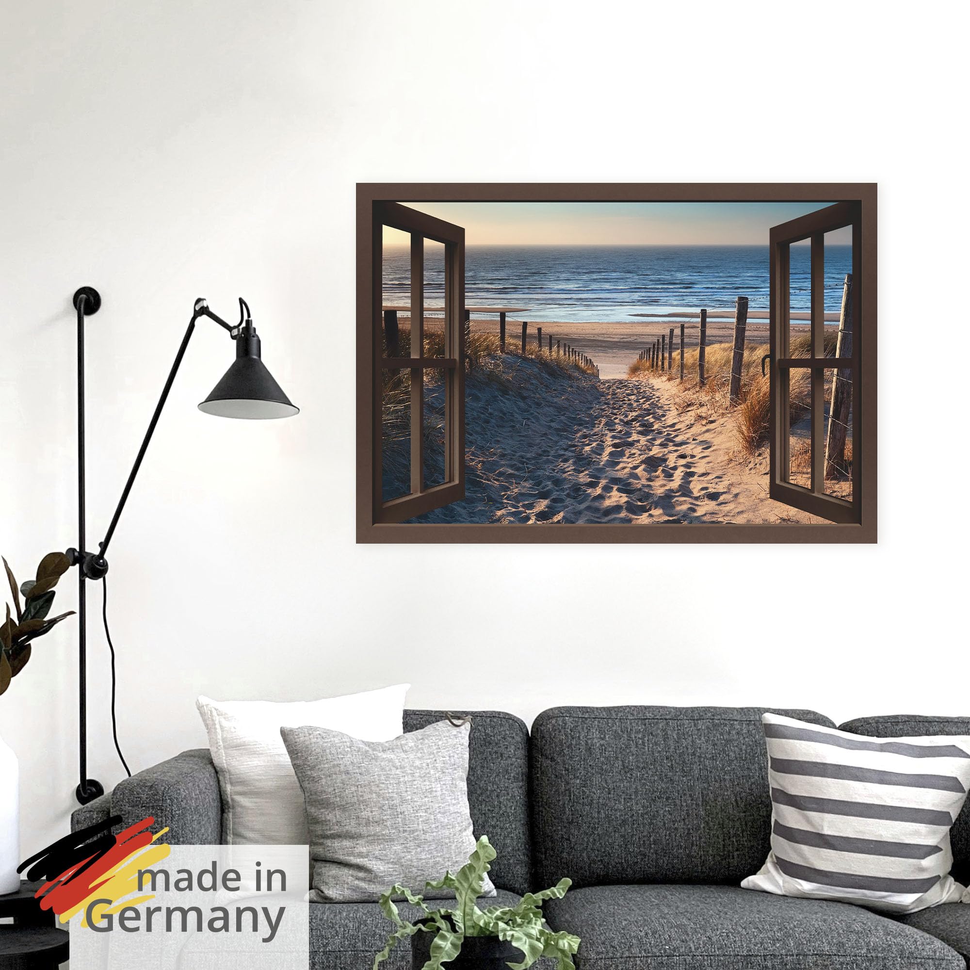 ARTland Wanddeko Wandtattoo selbstklebende Vinylfolie 130x90 cm Fensterblick Fenster Strand Düne Meer Maritim Landschaft Küste Natur T6BW