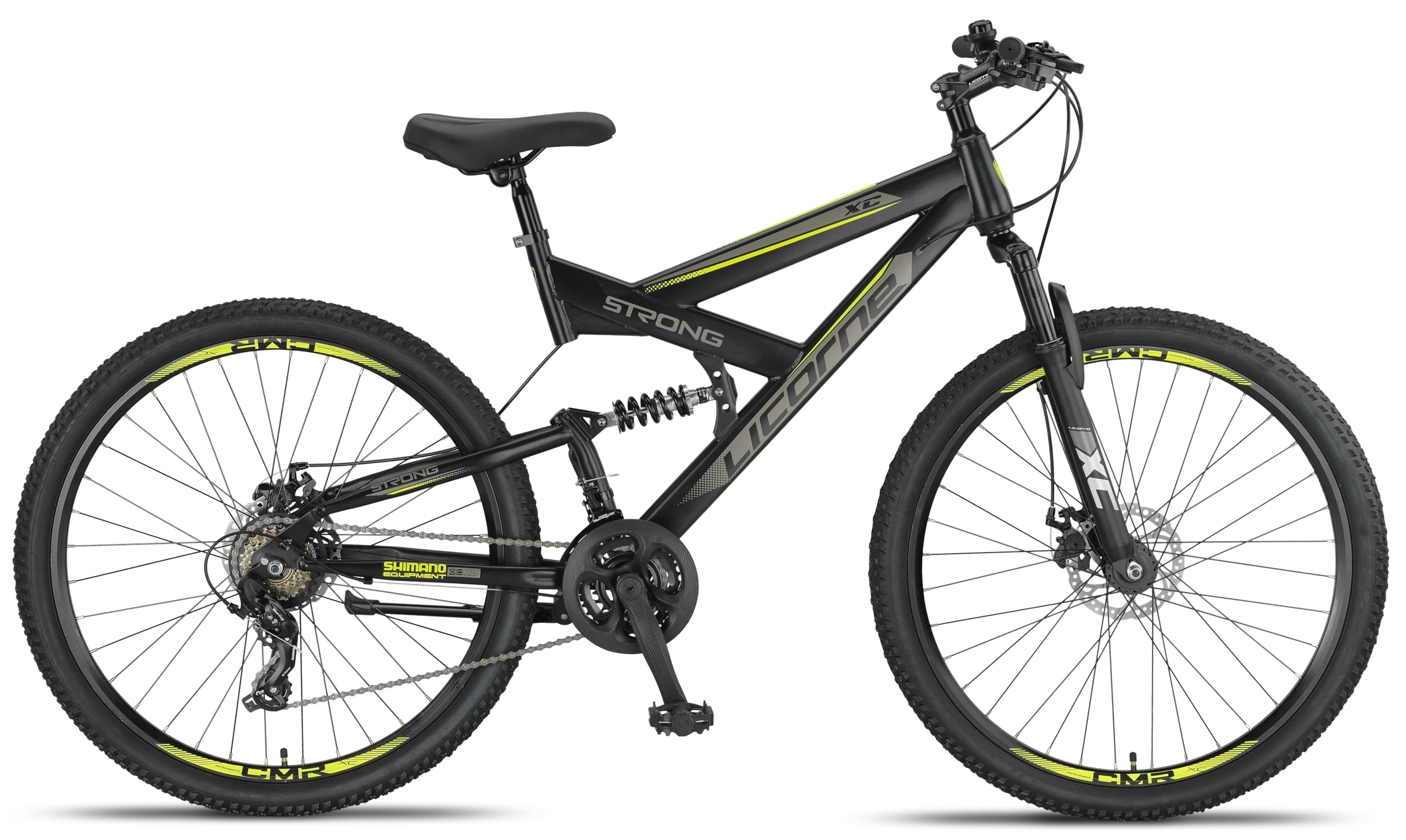 Licorne Bike Bicicleta de montaña Strong 2D, para niños, niñas, mujeres y hombres, freno de disco delantero y trasero, 21 velocidades, suspensión completa, negro/lima, 27,5 pulgadas
