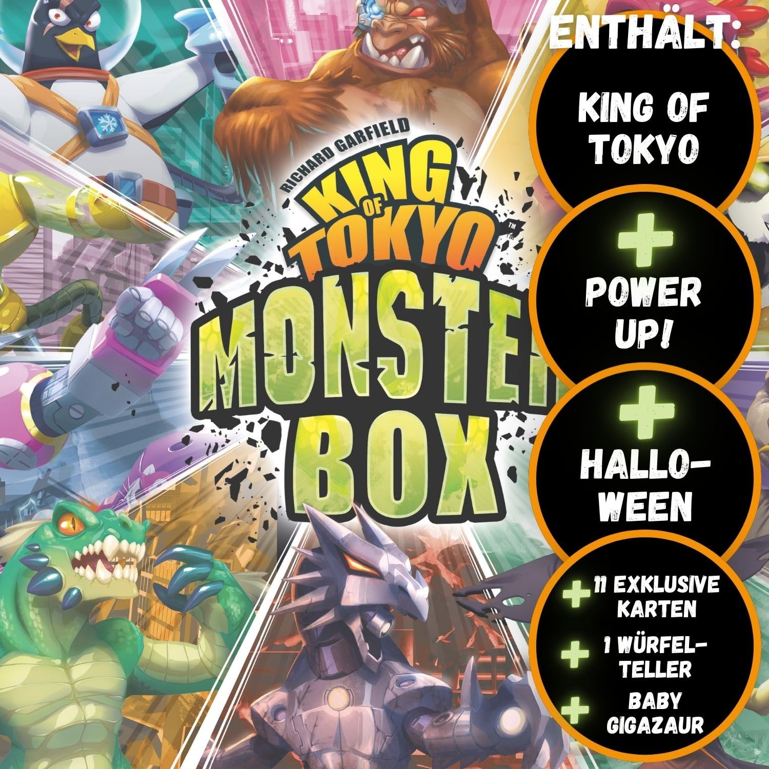 IELLO, King of Tokyo Monsterbox – Grundspiel mit Erweiterungen, taktisches Würfelspiel, rasante Kämpfe & Powerkarten, Für 2–6 Spieler ab 8 Jahren