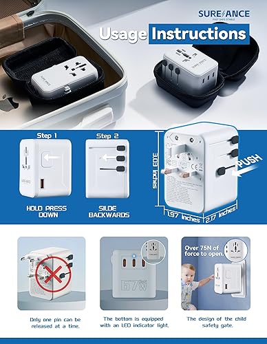 Miniatura 6 de Adaptador de viaje universal de 67 W con USB C, adaptador de enchufe de viaje internacional SUREANCE World, 67 W de carga rápida USB-C,