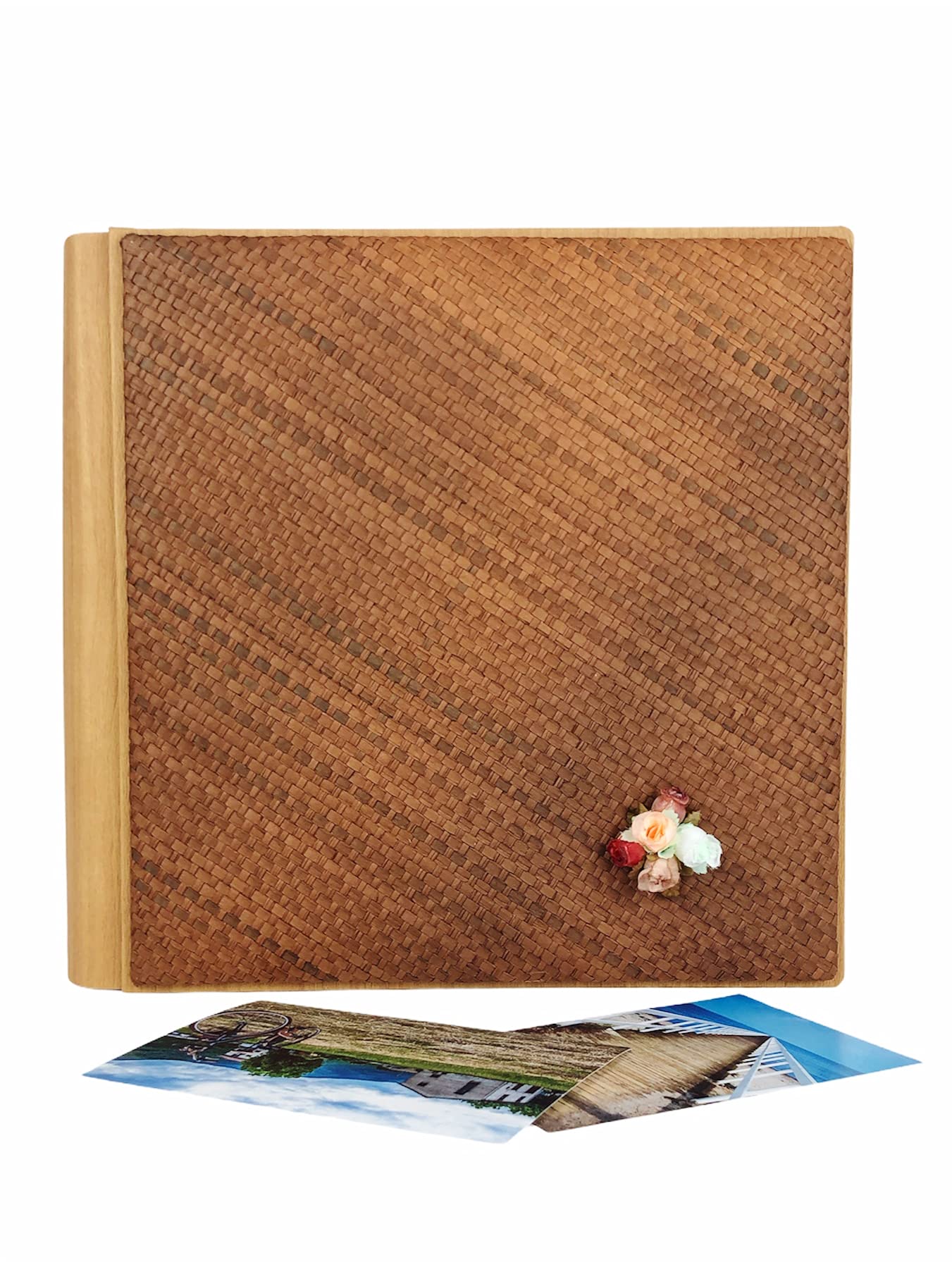 TriVin Art Álbum de fotos artesanal fabricado en Italia en imitación de piel fina y panel de canasta varios colores. (30 x 30 cm, 40 hojas de marfil) apto para cualquier evento (miel, canasta marrón