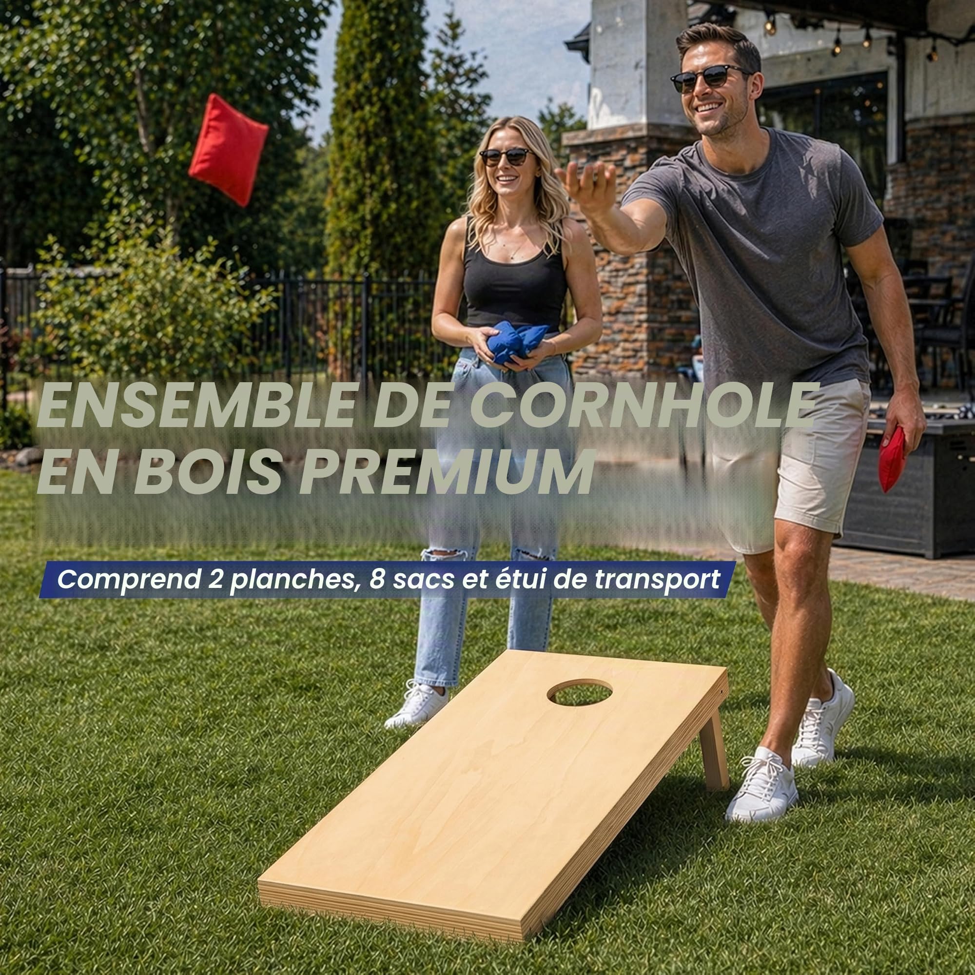GoSports Ensemble de Cornhole de qualité supérieure en Bois Massif – Choisissez Entre 1,2 m x 6,1 m ou 0,9 m x 6,1 m, Comprend Un Lot de 8 Sacs à Lancer de Trous de maïs