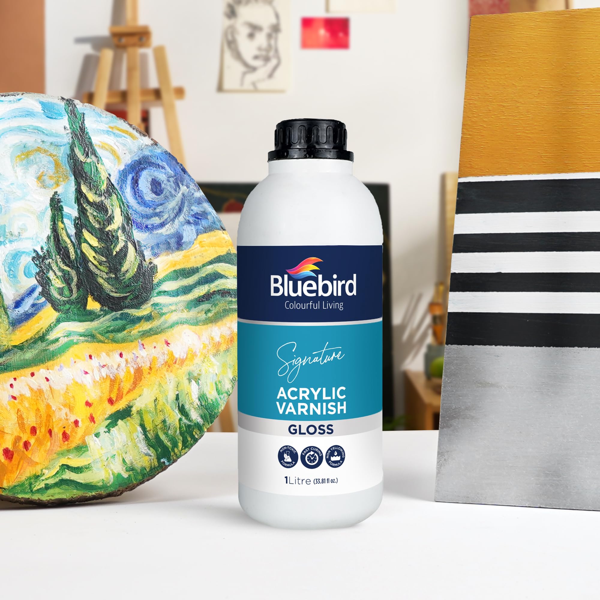 Bluebird Barniz brillante Signature para pintura acrílica, no amarillea, no tóxico, antiagrietamiento, barniz brillante para artistas profesionales, pintores aficionados y niños (brillante, 33.8 onzas