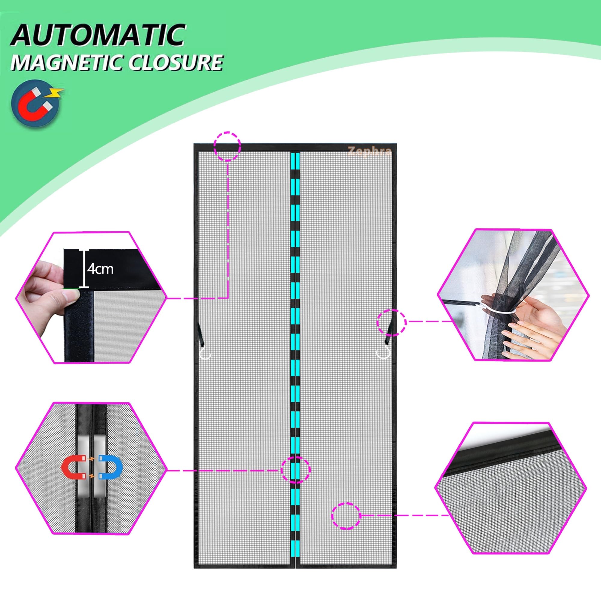 Zanzariera A Chiusura Automatica, 255x210cm Tenda Zanzariera per Porta, Chiusura Automatica Adsorbimento Magnetico, per Porte D'Ingresso Porte Cortili JPP1k Nero