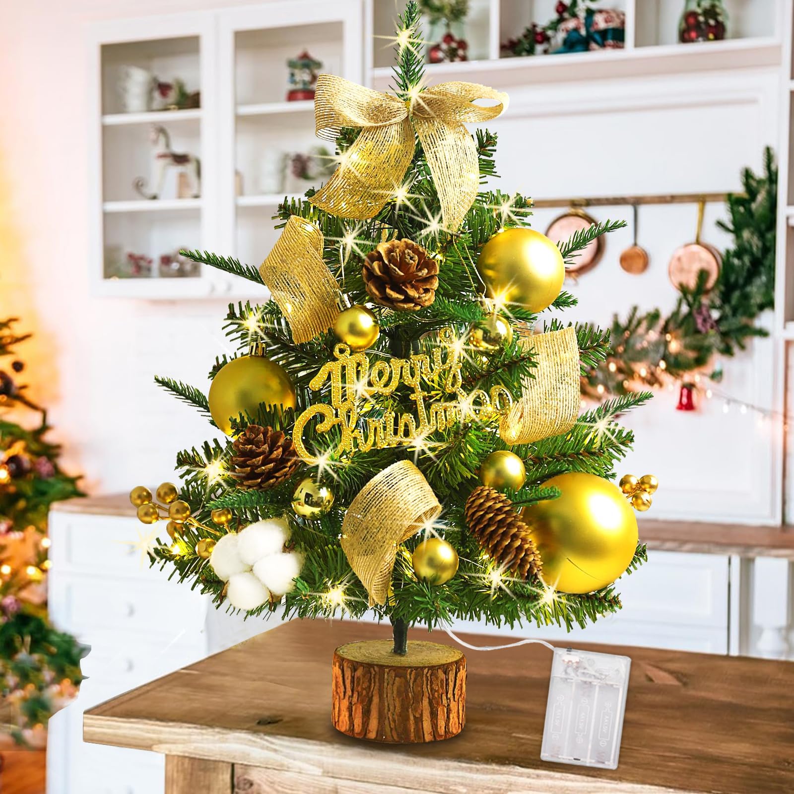 Pomefar Mini Christmas Tree, 45CM Desktop Christmas Tree with Hanging Decorations and Lights, DIY Artificial Pine Tree for Office Home Decors