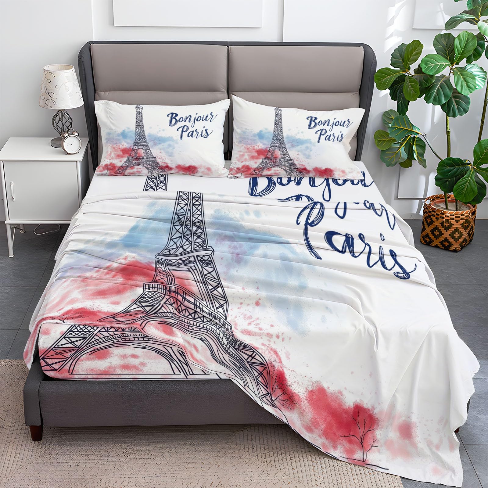 Fitted Sheet Full Size Bedding Set for Kids Girls Women Men Room Decor, Soft Microfiber & Deep Pocket & Wrinkle Free Watercolor Iron Tower Bedding Sheets, Red Blue