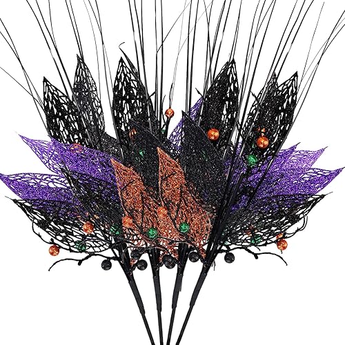 Ramas de flores de Halloween de 16 pulgadas con purpurina, hojas con purpurina, tallos de bayas artificiales, ramas falsas para Halloween, casa
