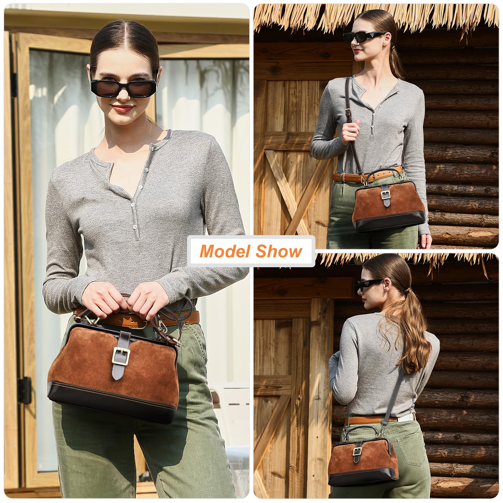 CONTACTS Bolso de mano con asa superior para mujer, de cuero de grano completo, bolso de mano, bolso de hombro, bolso de mano vintage con cierre de metal y apertura de marco