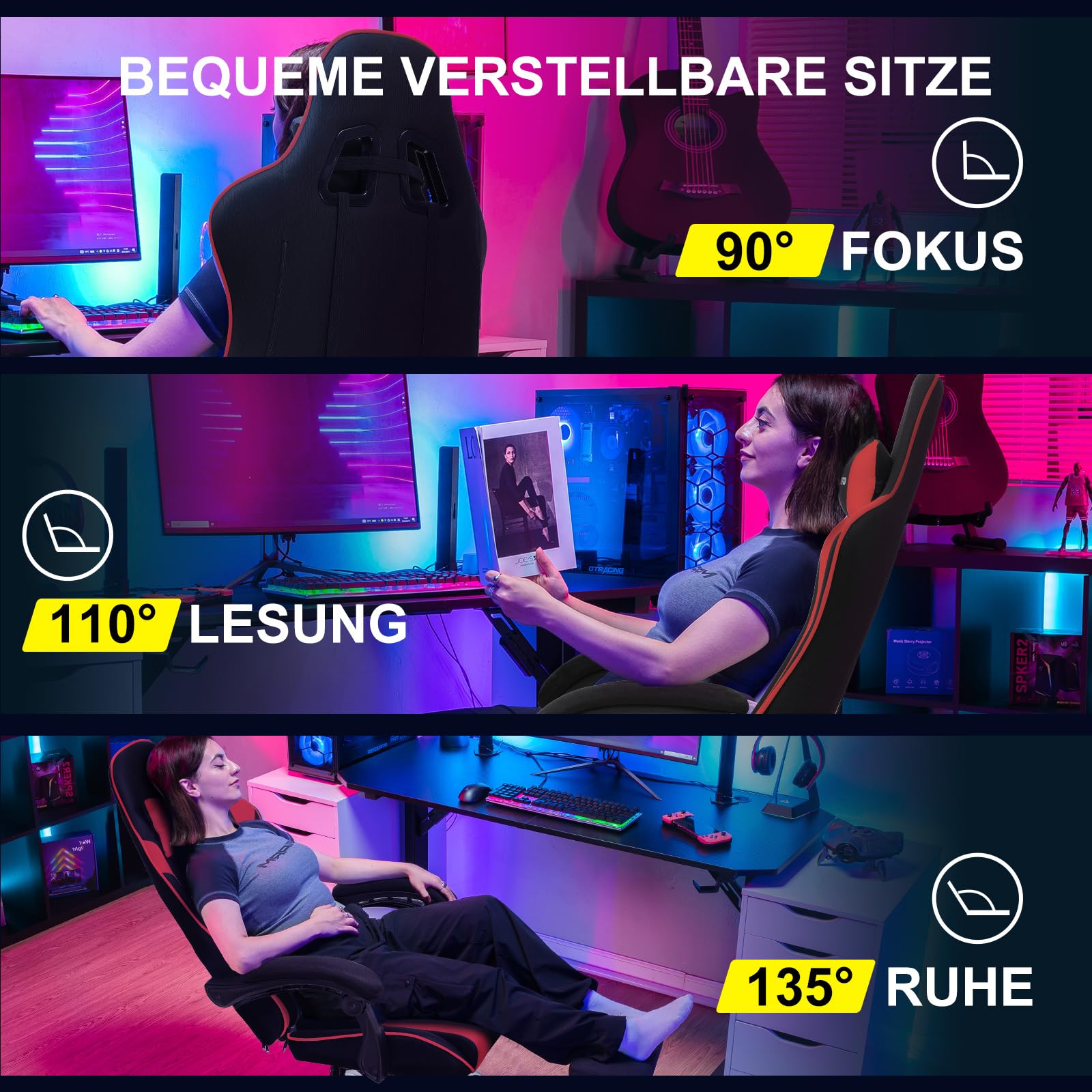 GTPLAYER Gaming Stuhl Stoff, Bürostuhl Massage Gaming Sessel Ergonomischer Gamer Stuhl mit Fußstütze, Kopfstütze Massage-Lendenkissen, Gepolstert Gaming Chair, Drehsessel, rot