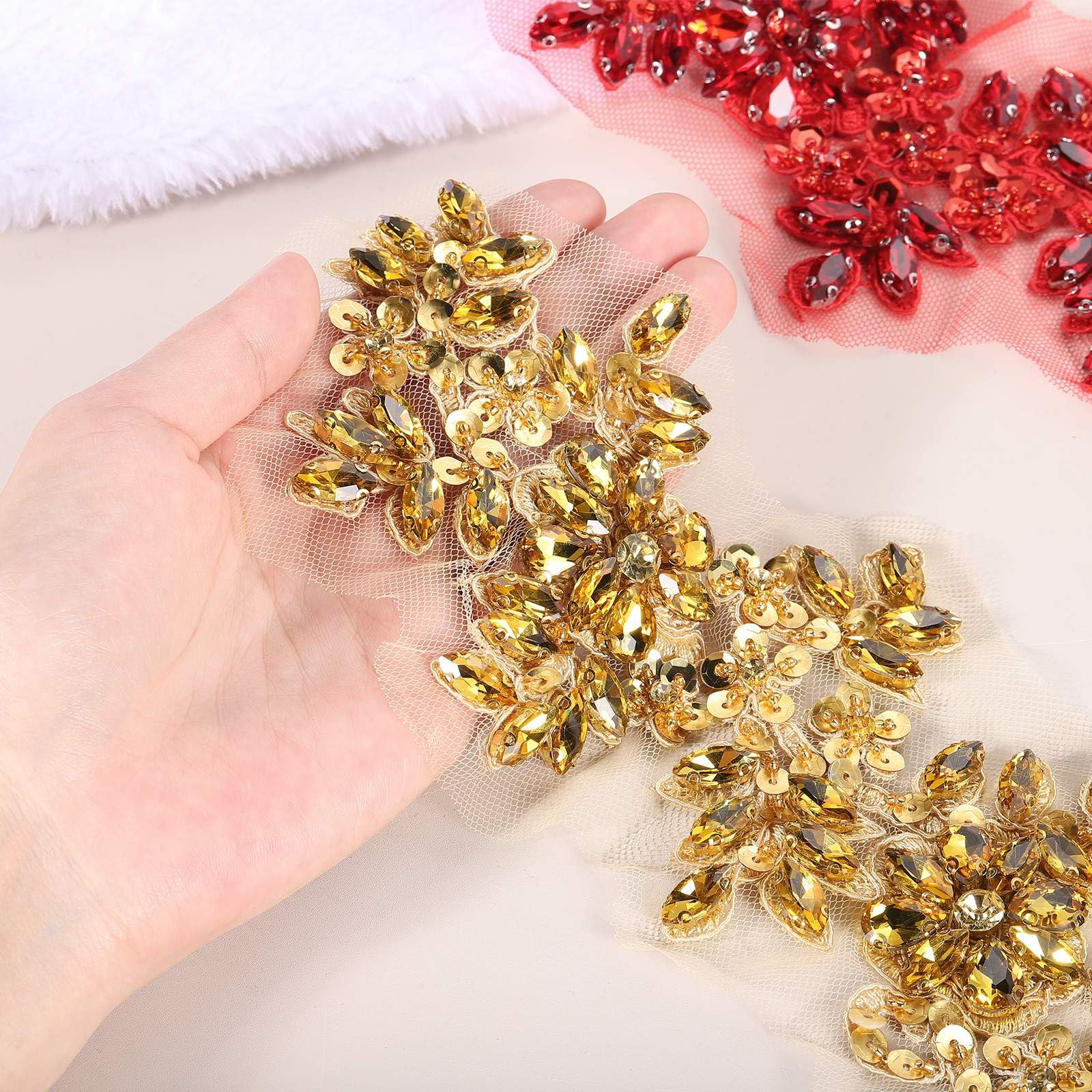 QUARKZMAN 2 Pack Appliques À Strass, 33x10 cm Patches De Dentelle Verte Brodées À Coudre Avec Perles Et Paillettes Pour La Couture, La Création De Robes, Les Banquets De Mariage