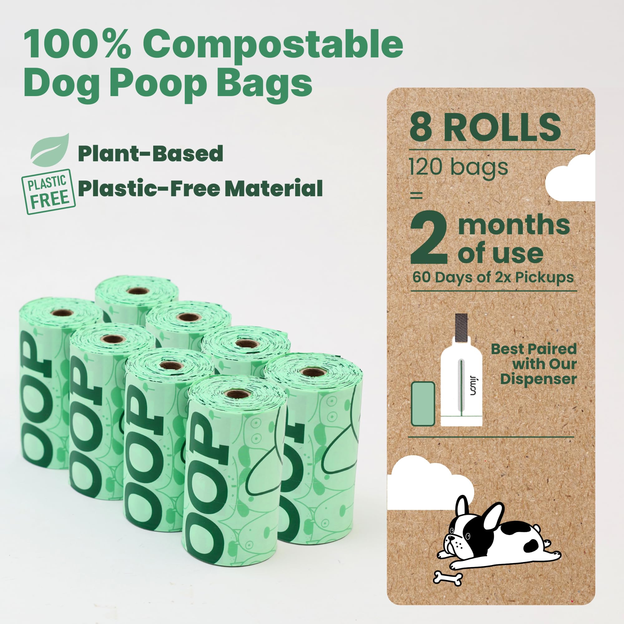 JIWON Bolsas 100 % compostables para excrementos de perro, 120 bolsas, 8 rollos, 9 x 13 pulgadas, ASTM D6400 y EN 13432 estándar, certificado de compost y plántulas, bolsas gruesas y a prueba de fugas