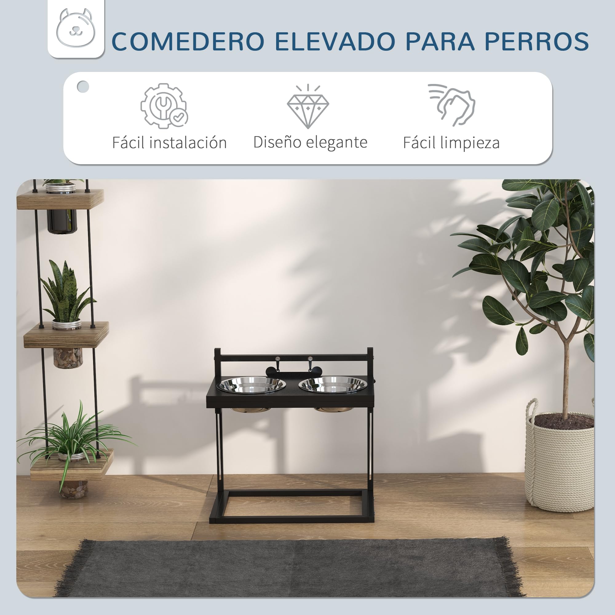 PawHut Comedero Elevado para Perros Cuenco para Perros con 2 Tazones de Acero Inoxidable Altura Ajustable y 1 Placa de Metal en Forma de Hueso 40,5x22x39 cm Negro