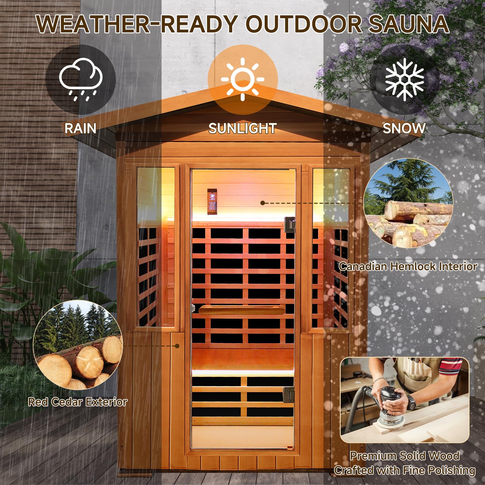 Outdoor Sauna 2 Person Sauna Outdoor Infrared Sauna 2-Person for Home 1800w Outdoor Saunas for Home Canadian Hemlock and Red Cedar Wood Sauna Outdoor Two Person Far Infrared Sauna Low EMF for Backyard
