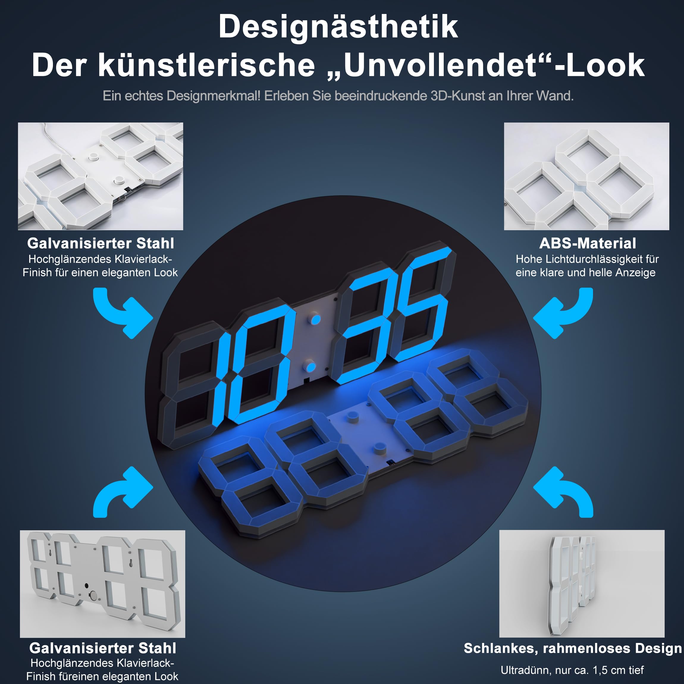 CHKOSDA Orologio da parete digitale a LED 3D, 44 cm, leggibilità fino a 50 m, bianco | cifre da 15 cm, telecomando, dimmer automatico, timer, alimentazione a rete per soggiorno, fitness, garage, ufficio, scuola.