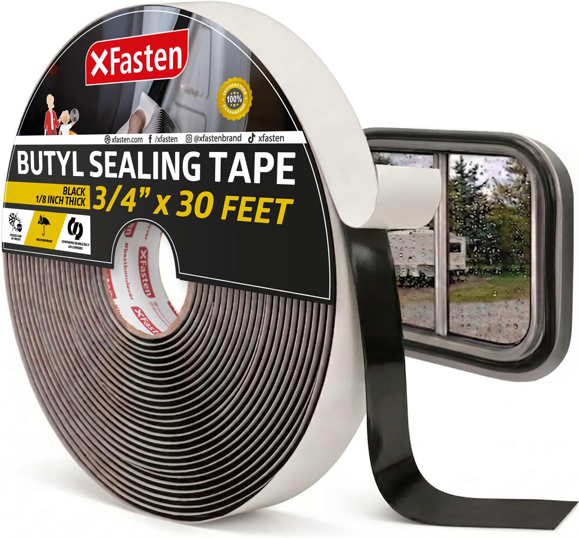 XFasten Butyl Sealing Tape, Black, 1/8-In x 3/4-In x 30-Foot Plumbers Putty, RV Sealant, Boat Sealing, EDPM Butyl Tape