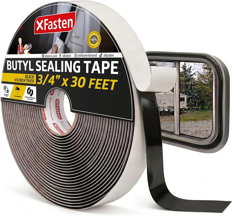 Cinta de sellado de butilo XFasten, negra, masilla para fontaneros de 1/8 de pulgada x 3/4 de pulgada x 30 pies, sellador para vehículos recreativos, sellado de barcos, cinta de butilo EDPM