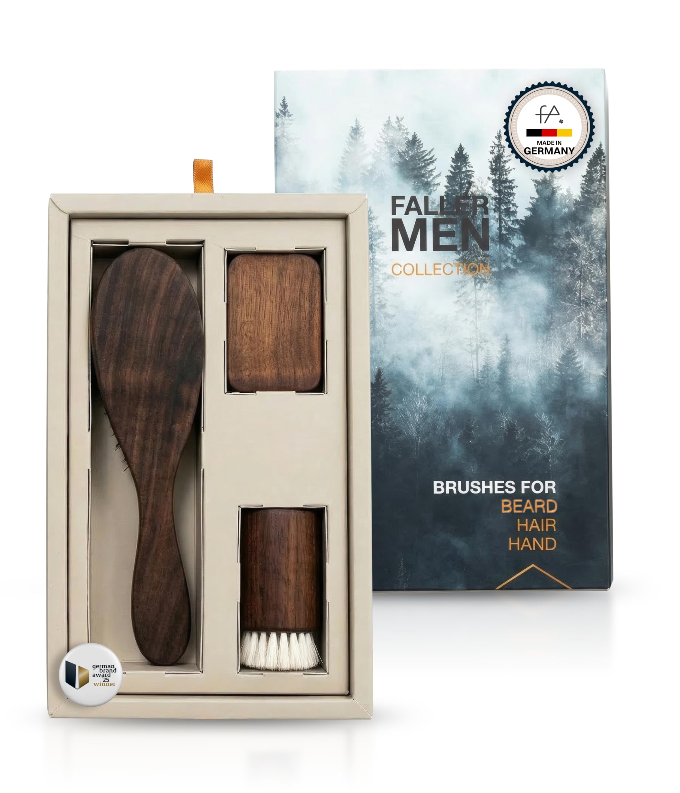 fa® MEN COLLECTION Pflege-Set – Haarbürste, Bartbürste & Handwaschbürste aus Naturmaterialien – Bartpflege Set für Männer – Hair & Beard Brush – Made in Germany
