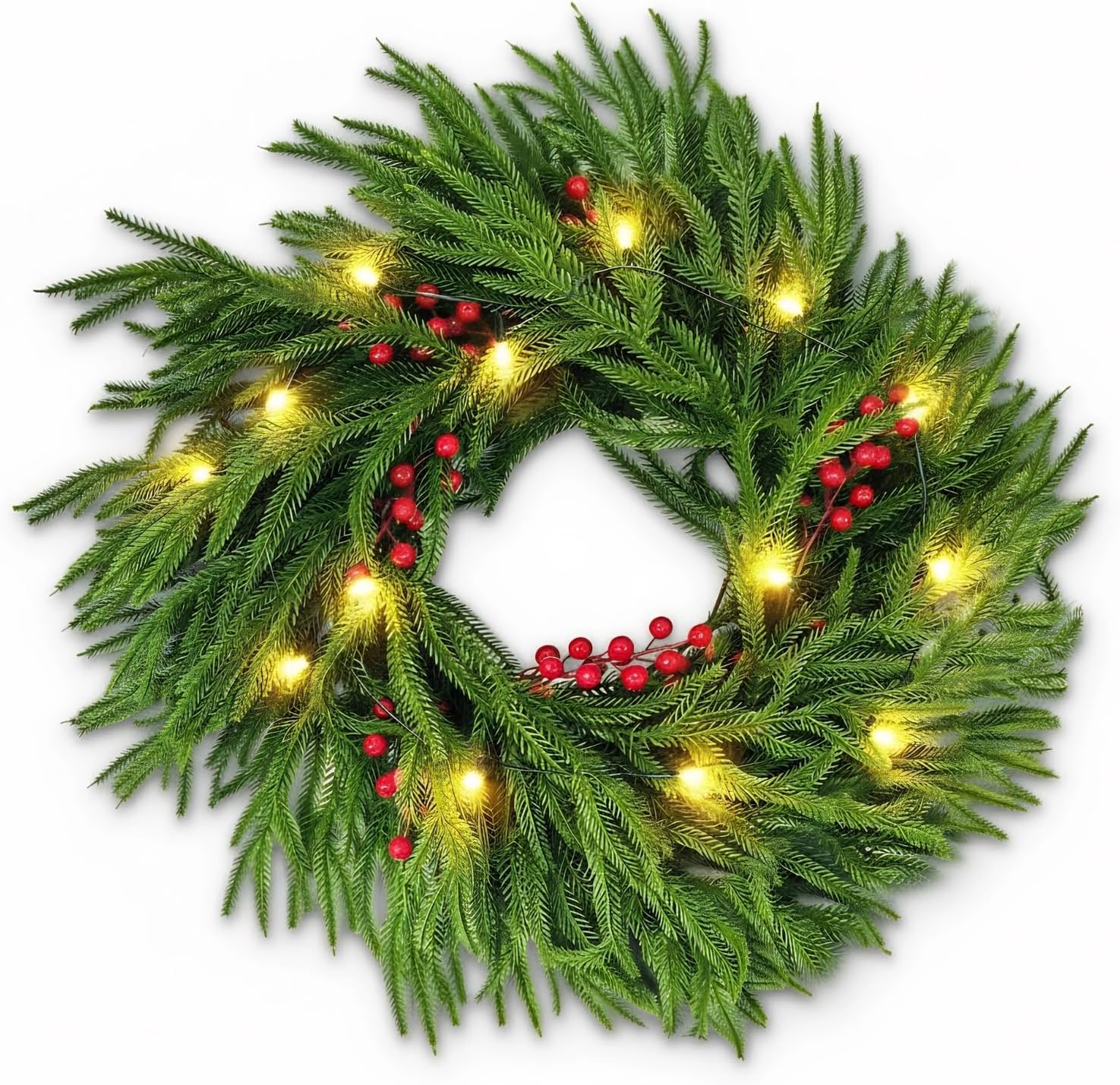 9FT Artificial Norfolk Pine Garland, Real Touch Winter Pine Holly Garland Faux Eucalyptus Garland Plant Led Lights Faux Christmas Red Berry Decor for Wedding Backdrop Arch Wall Decor - Image 8